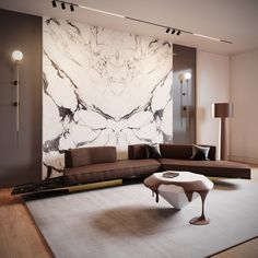 a modern living room with marble walls and flooring