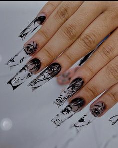 Press On Nails Almond, Horror Comic, Black Japanese, Anime Nails, Nagel Tips, Manicure Diy, Nail Type, Acrylic Shapes, Graffiti Designs