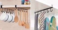 there are several kitchen utensils hanging on the wall next to each other in this collage