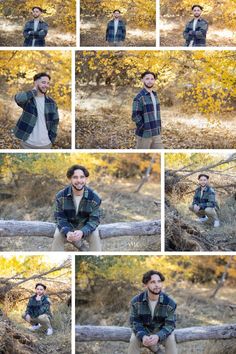 a man is posing on a log in the woods with his hands behind his head