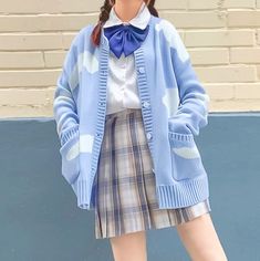 Cloud Cardigan Outfit, Cute Blue Long Sleeve Sweater, Cute Spring Cardigan For School, Long Sleeve Spring Sweater For School, Blue Trendy Acrylic Cardigan, Trendy Blue Acrylic Cardigan, Cute Blue Sweater For Fall, Cute Blue Winter Cardigan, Blue Spring Sweater With Pockets