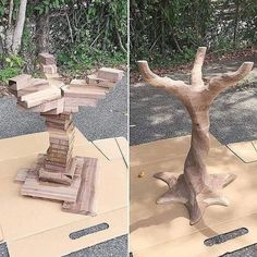 two pictures of a tree that is made out of wood