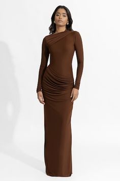 Brown pleated draped dress with cowl back and cross straps. - Aza Fashions Fitted Pre-draped Dress With Ruched Sides, Fitted Pre-draped Dress With Ruched Back, Pre-draped Ruched Dresses For Date Night, Pre-draped Asymmetrical Neckline Ruched Maxi Dress, Asymmetrical Neckline Ruched Maxi Dress, Ruched Maxi Dress With Asymmetrical Neckline, Draped Maxi Dress With Ruched Back For Cocktail, Fitted Pre-draped Maxi Dress With Ruched Bodice, Cocktail Maxi Dress With Draped Ruched Back