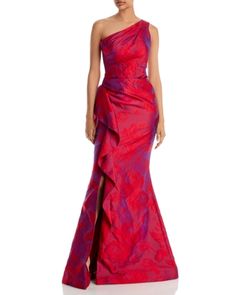 Teri Jon by Rickie Freeman One Shoulder Jacquard Gown Red One Shoulder Dress, Jacquard Gown, Barbie Pink Dress, One Shoulder Cocktail Dress, Teri Jon, One Shoulder Gown, Gowns Online, Mermaid Gown, Feather Dress