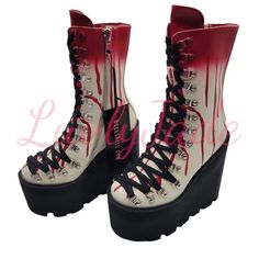 Trickz N Treatz Bloody Traitor Platform Boots Halloween Womens | Size 6 | New These Wedge Platform Boots Have A Vegan Leather Construction With Dripping Blood Designs, Adjustable D-Ring Lace-Ups That Run All The Way Down To The Toes, And Side Zip Closures. Blood Splater Shoes, Halloween Synthetic Round Toe Boots, Halloween High-top Alternative Platform Boots, Alternative High-top Platform Boots For Halloween, Edgy Round Toe Platform Boots For Halloween, Lace-up Platform Boots For Halloween, Halloween Synthetic Boots, Halloween High Ankle Leather Platform Boots, Halloween Platform Boots With Pointed Toe