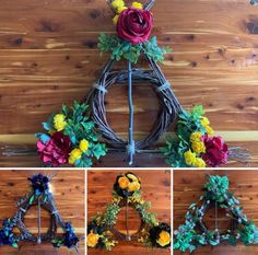 four different pictures of wreaths with flowers on them and the same one is made out of twigs