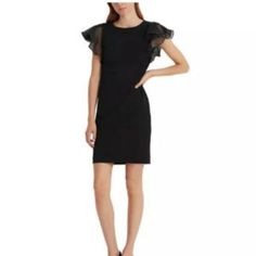 Ralph Lauren Womens Black Stretch Zippered Crepe Flutter Sleeves Round Neck Above The Knee Party Sheath Cut From Luxurious Crepe, Lauren Ralph Lauren's Figure-Flattering Dress Is Detailed With Voluminous Sheer Flutter Sleeves For Statement-Making Style. Approx. Model Height Is 5'10" And She Is Currently Wearing A Size 2 Approx. 36-¼" Long From Center Back To Hem. Length Is Based On Size 8 And Varies Approx. 1/4" Between Sizes. Slim Fit Rounded Neckline Concealed Center Back Zipper With A Hook-An Black Dress With Ruffles And Butterfly Sleeves, Black Dresses With Ruffles And Butterfly Sleeves, Fitted Mini Dress With Flutter Sleeves For Night Out, Fitted Workwear Dress With Butterfly Sleeves, Fitted Black Mini Dress With Flutter Sleeves, Elegant Mini Dress With Butterfly Sleeves, Black Ruffle Sleeve Dress For Night Out, Elegant Flutter Sleeve Mini Dress For Night Out, Black Ruffle Sleeve Party Dress