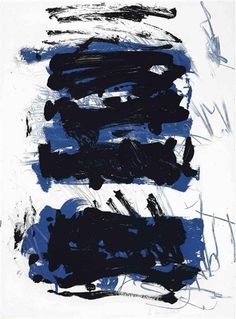 an abstract painting with black and blue colors