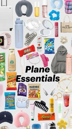 the words plane essentials are surrounded by many different items and things to include in it