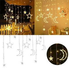 stars and moon string lights hanging from the ceiling