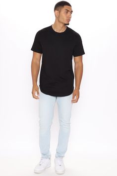 Available In Black, White, Heather Grey, And Tan. Crew Neck Short Sleeve Scallop Hem 100% Cotton Imported | Mens Essential Basic Scallop Tee Shirt in Black size XL by Fashion Nova Black Casual T-shirt With Shirttail Hem, Casual Black T-shirt With Shirttail Hem, Urban Style Solid Color Short Sleeve Tops, Casual Black Tops With Shirttail Hem, Casual Black Top With Shirttail Hem, Urban Stretch Short Sleeve T-shirt, Urban Stretch Crew Neck Top, Urban Stretch Cotton Tops, Casual Cotton Tops With Curved Hem