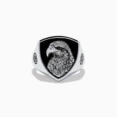 Men's Sterling Silver Onyx Eagle Ring Modern Black Engraved Rings, Symbolic Black Sterling Silver Engraved Ring, Symbolic Black Engraved Sterling Silver Ring, Black Symbolic Signet Ring With Polished Finish, Black Symbolic Signet Ring, Symbolic Black Round Signet Ring, Stone Rings For Men, Eagle Ring, Gem Diamonds