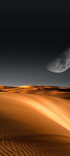 the moon shines brightly in the dark sky over an arid desert area with sand dunes