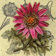 a drawing of a pink flower with green leaves and flowers on the bottom right side