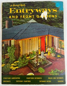 the front cover of an old house with many plants and flowers in pots on it