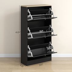 a black bookcase with four shelves and two ironing boards