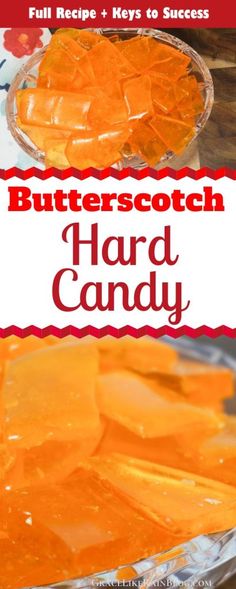 butterscotch hard candy on a plate with text overlay that reads, butterscotch hard candy