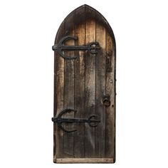 an old wooden door with iron handles on the front and side, isolated against a white background