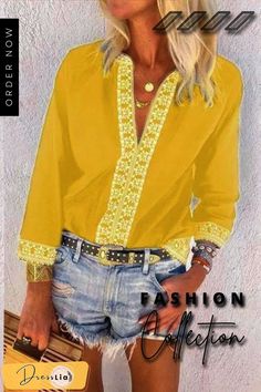 Bracelet Sleeve Retro Shirt Elegant Yellow Summer Shirt, Bohemian Yellow Summer Shirt, Gold Casual Shirt For Spring, Casual Gold Shirt For Spring, Yellow Long Sleeve Vacation Shirt, Casual Gold Shirt For Fall, Casual Gold Collared Blouse, Bohemian Gold Long Sleeve Top, Gold Long Sleeve Bohemian Top