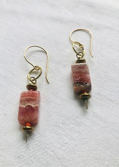 Rhodonite and Brass Earrings-SugarJewlz Handmade Jewelry Handmade Spiritual Pink Earrings, Handmade Pink Spiritual Earrings, Pink Tourmaline Jewelry For Healing, Healing Pink Tourmaline Jewelry, Elegant Jewelry With Natural Rhodonite Stones, Elegant Rhodonite Jewelry With Natural Stones, Pink Tourmaline Dangle Jewelry, Pink Brass Dangle Jewelry, Nickel-free Brass Pink Jewelry