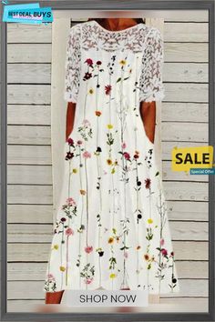 Cotton-blend Floral Boho Loose Midi Dress White Half Sleeve Maxi Dress For Spring, Spring White Half Sleeve Maxi Dress, Spring Half-sleeve Printed Dresses, Spring Half Sleeve Printed Dresses, Bohemian White Half Sleeve Dress, White Floral Print Shift Midi Dress, White Half Sleeve Maxi Dress For Summer, White Shift Midi Dress With Floral Print, Multicolor Half Sleeve Maxi Dress For Spring