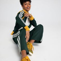 Brand New Adidas Yara Shahidi Hunter And Mustard Flair Leg Track Suit Tracksuit Outfit Women Street Styles, Tracksuit Outfit Women, Adidas Originals Jacket, Yara Shahidi, Marketing Director, Adidas Crop, Stand Up Collar, Adidas Outfit, Women Street