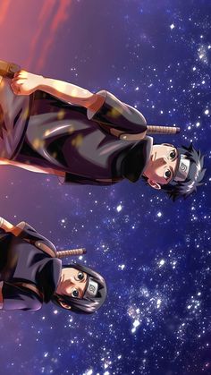 two anime characters floating in the air with space and stars behind them on a purple background