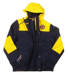 Sporty Cotton Hooded Jacket For Sports, Navy Athleisure Track Jacket For Winter, Sporty Cotton Hooded Jacket For Outdoor, Yellow Hooded Jacket For Outdoor Activities, Sporty Cotton Outerwear For Outdoor Activities, Winter Sporty Cotton Sport Coat, Winter Cotton Sport Coat, Navy Sporty Windbreaker For Outdoor Activities, Navy Sporty Track Jacket For Outdoor