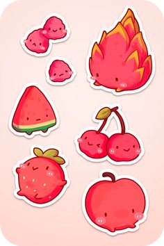 stickers with different types of fruits and berries on the top one is pink, the other has red