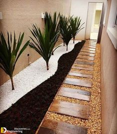 an outdoor walkway with plants and gravel in the middle, leading to a door way