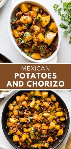 mexican potatoes and chorizo in a skillet with text overlay that reads, mexican potatoes and chorizo