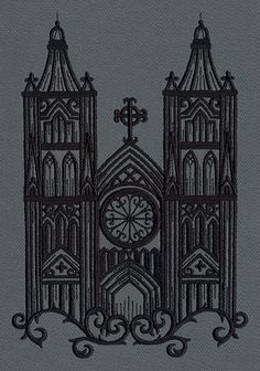 a drawing of a cathedral with a clock on the front