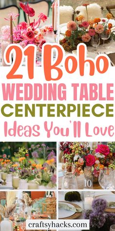 wedding table centerpieces with flowers and candles on it, including vases filled with flowers