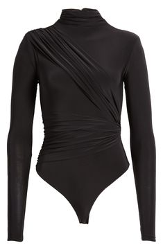 This pretty bodysuit boasts a gathered detail at the shoulder and ruched sides for lots of texture on a curve-hugging silhouette. Funnel neck Long sleeves 95% rayon, 5% spandex Hand wash, line dry Imported Black Fitted Ruched Bodysuit, Fitted Black Ruched Bodysuit, Long Sleeve Ruched Bodysuit For Night Out, Black Ruched Fitted Bodysuit, Fitted Long Sleeve Ruched Bodysuit, Chic Fitted Ruched Bodysuit, Chic Black Ruched Bodysuit, Chic Party Bodysuit With Ruched Detail, Pretty Bodysuit