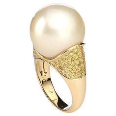 Pearl Yellow Gold Ring Luxury Gold Pearl Ring With High Luster, Luxury High Luster Gold Pearl Ring, Luxury Gold Pearl Ring, Luxury Pear-shaped Yellow Gold Rings, Diamond Bracelet Design, Yellow Diamonds, Pearl And Diamond Ring, Contemporary Ring, Bracelet Design