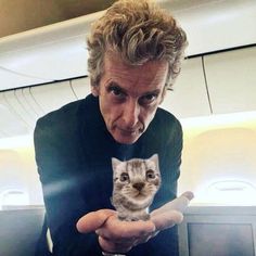 a man holding a small kitten in his hands on an airplane seat with another cat looking at the camera