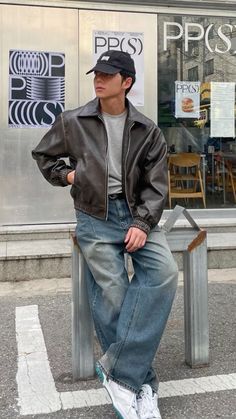 Asian Men Outfit Casual, Starboy Men Outfit, Starboy Clothing, Mens Starboy Outfits, Starboy Aesthetic Outfit Men, Starboy Fits, Starboy Leather Jacket, Starboy Outfit, Park Shoot