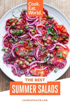 the best summer salads cook, eat, and world magazine cover with an image of sliced tomatoes on a white plate