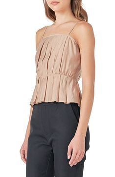 Elevate your warm-weather style with this light and airy peplum top fashioned with impeccable pleats. Square neck Adjustable straps Lined 75% rayon, 25% polyester Hand wash, dry flat Imported Fitted Pleated Top For Day Out, Chic Pleated Waist Spring Tops, Sleeveless Pleated Tops For Spring, Spring Ruffle Hem Camisole Top, Spring Camisole Top With Ruffle Hem, Pleated Tops For Summer Day Out, Casual Sleeveless Pleated Tops, Elegant Tops With Adjustable Straps For Brunch, Casual Pleated Tops For Day Out