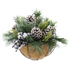 a basket filled with pine cones and greenery on top of a white wall next to a black and white checkered bow