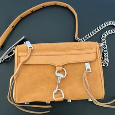 A Chic Crossbody With A Chain Strap. Leather Suede Construction With Shiny Hardware, Lobster Clasp Lock Closure. Never Been Used. Tan/Honey. Rebecca Minkoff Mac, Chain Strap, Rebecca Minkoff, Lobster Clasp, Honey, Mac, Bag Lady, Chain, Leather