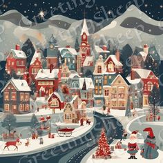 a christmas village scene with santa claus and his sleigh