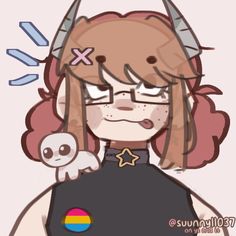 a drawing of a girl with horns on her head holding a stuffed animal in front of her face