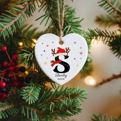 a personalized christmas ornament hanging from a tree