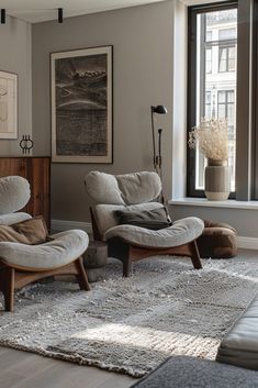 a living room with two chairs and a rug