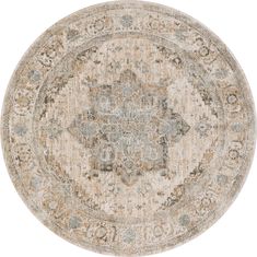 a round rug with an ornate design on the top and bottom in beige, blue, brown