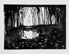 a black and white drawing of trees in the woods with water on it's surface