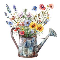 a watering can filled with colorful flowers on top of a white background, watercolor