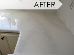 a kitchen counter that has been painted white with the words before and after on it