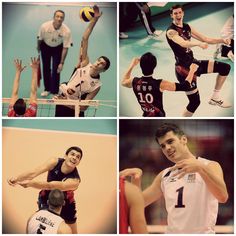 four different shots of men playing volleyball